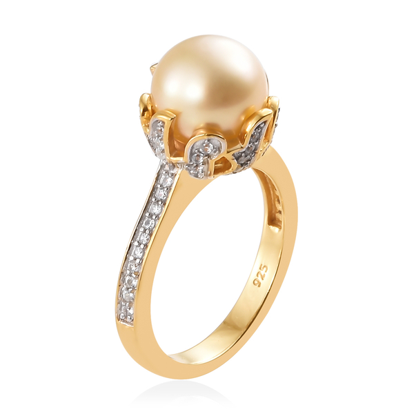 Royal Bali Collection South Sea Golden Pearl (Rnd), Natural White Cambodian Zircon Ring in Yellow Gold Vermeil with Platinum Overlay Sterling Silver