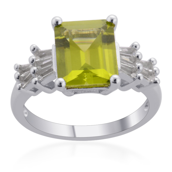 Hebei Peridot (Oct 3.50 Ct), White Topaz Ring in Platinum Overlay Sterling Silver 3.840 Ct.