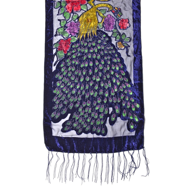 Designer Inspired - Dark Blue, Green and Multi Colour Peacock and Floral Pattern Scarf with Tassels (Size 158X50 Cm)
