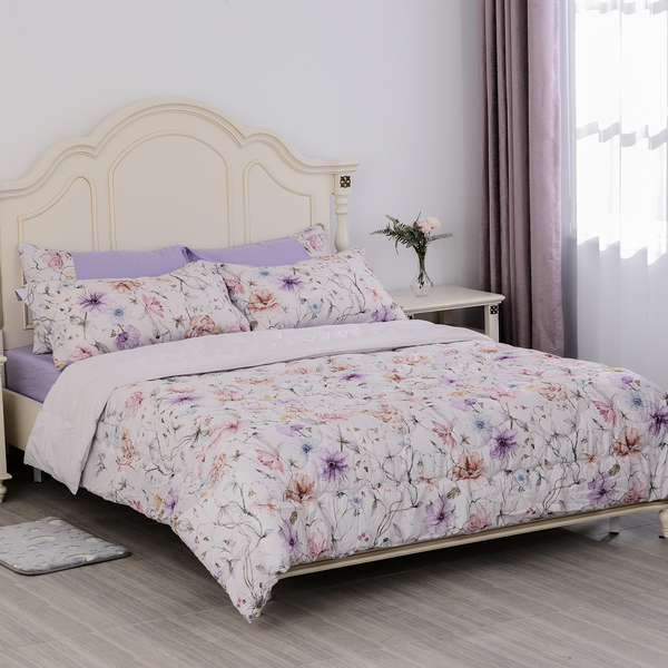 Serenity Night Comforter Set of 6 - Comforter Fitted Sheet and Pillow Cases  and Envelope Pillow Case (2Pcs) in Cream Color and Lilac Floral Print