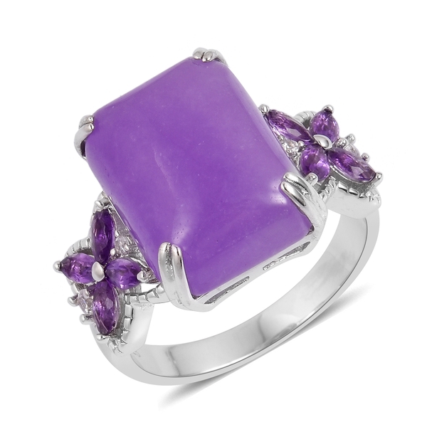 Purple Jade (Oct 13.25 Ct), Amethyst and Natural White Cambodian Zircon Ring in Rhodium Plated Sterl