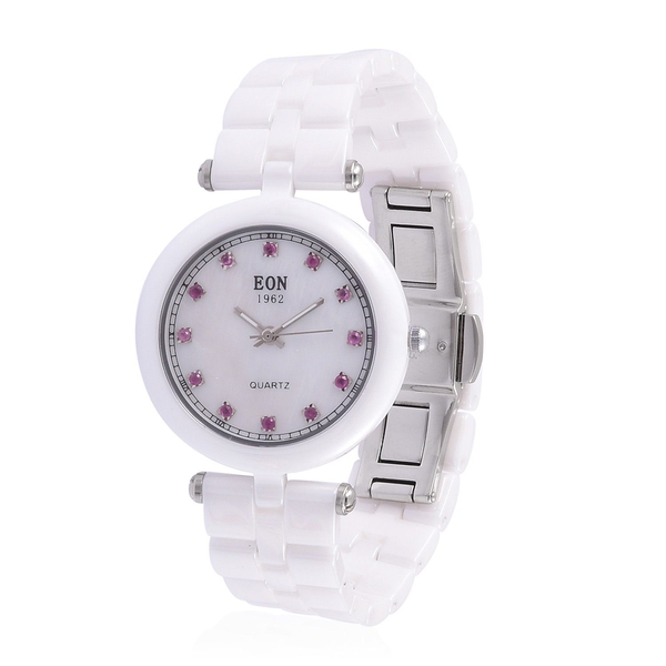 EON White Ceramic SWISS MOVEMENT Ruby Studded Mother of Pearl Sapphire Glass Watch
