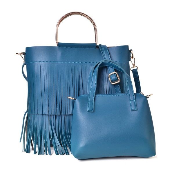 2 Piece Set - Blue Colour Large Handbag with Fringes (Size 30X27X8 Cm) and Small Handbag (Size 22X18