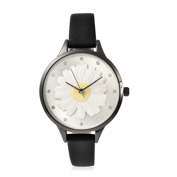STRADA Japanese Movement Floral White Austrian Crystal Studded Water Resistant Watch with Black Colour Strap