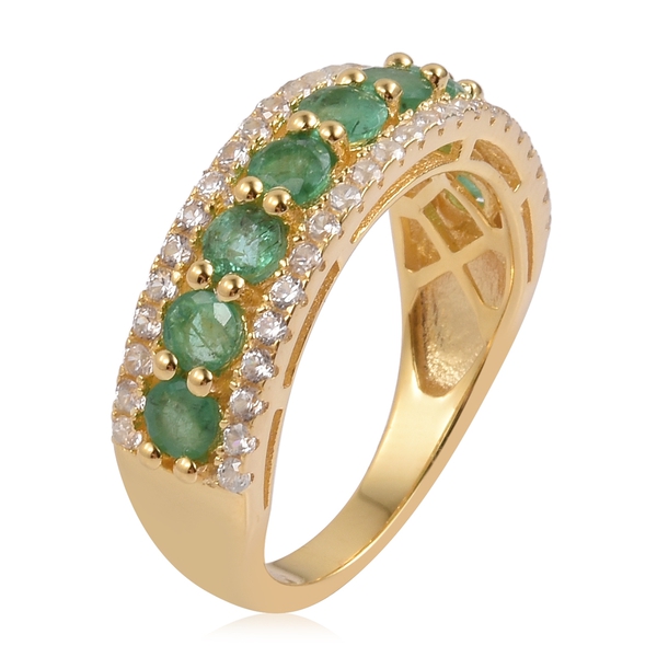 Kagem Zambian Emerald (Rnd), Natural White Cambodian Zircon Ring in Yellow Gold Overlay Sterling Silver 2.500 Ct.
