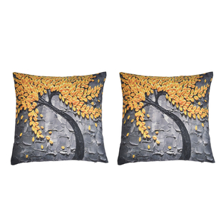 Set of 2 - Floral Tree Pattern Cushion Covers (Size 45 Cm) - Yellow & Coffee
