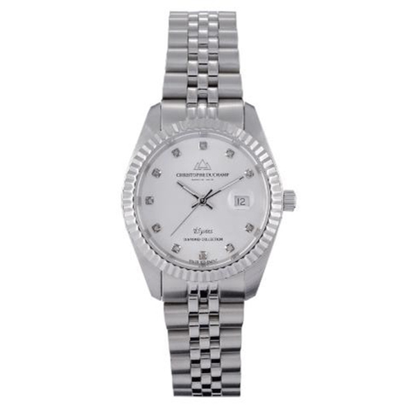 CHRISTOPHE DUCHAMP Elysees Swiss Movement White Dial Watch With Diamonds in Stainless Steel Silver Strap
