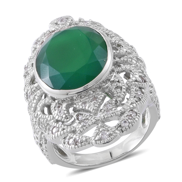 15 Carat Verde Onyx and Zircon Cluster Ring in Rhodium Plated Silver 13 Grams