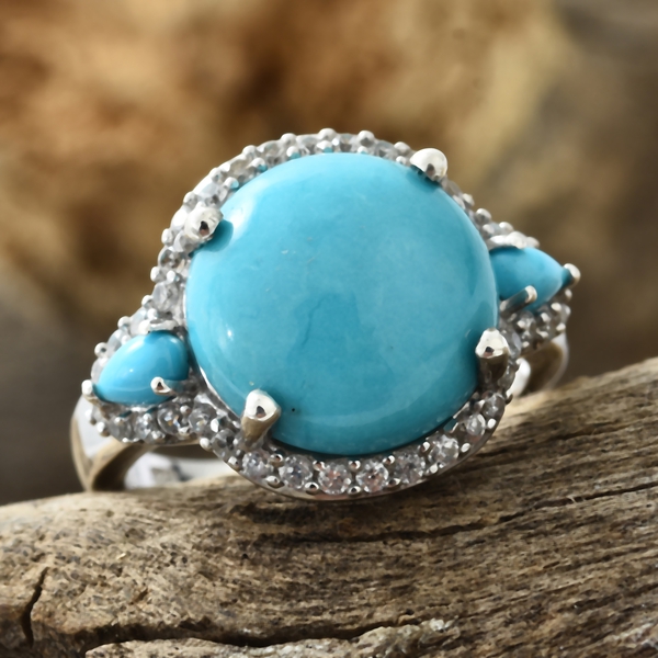 AA Arizona Sleeping Beauty Turquoise (Rnd 7.00 Ct), Natural Cambodian Zircon Ring in Platinum Overlay Sterling Silver 8.250 Ct. Silver wt 5.30 Gms.