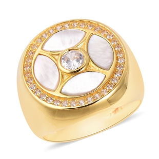 Isabella Liu White Mother of Pearl and Zircon Designer Ring in Gold Plated Sterling Silver