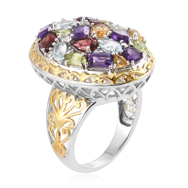 Amethyst (Cush), Sky Blue Topaz, Mozambique Garnet and Multi Gemstone Cluster Ring in Gold and Platinum Overlay Sterling Silver 7.500 Ct. Silver wt 8.50 Gms.