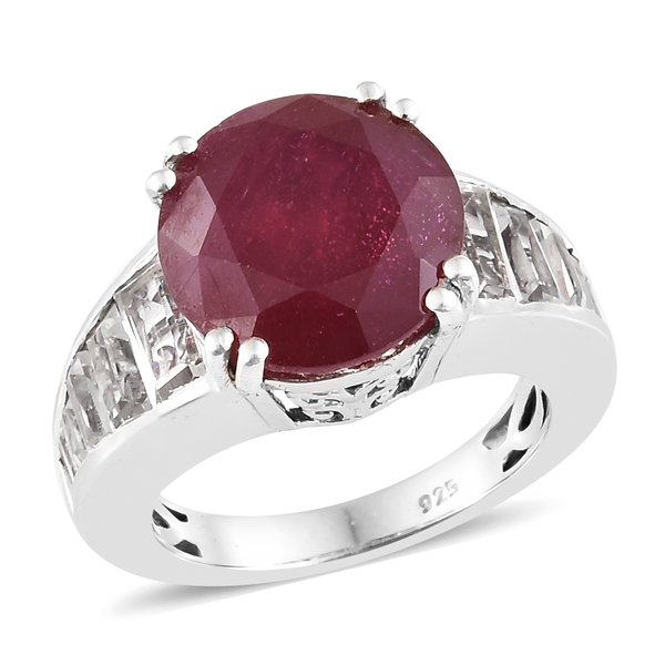 Designer Inspired African Ruby and White Topaz Ring in Platinum Plated Silver,11.50 Ct
