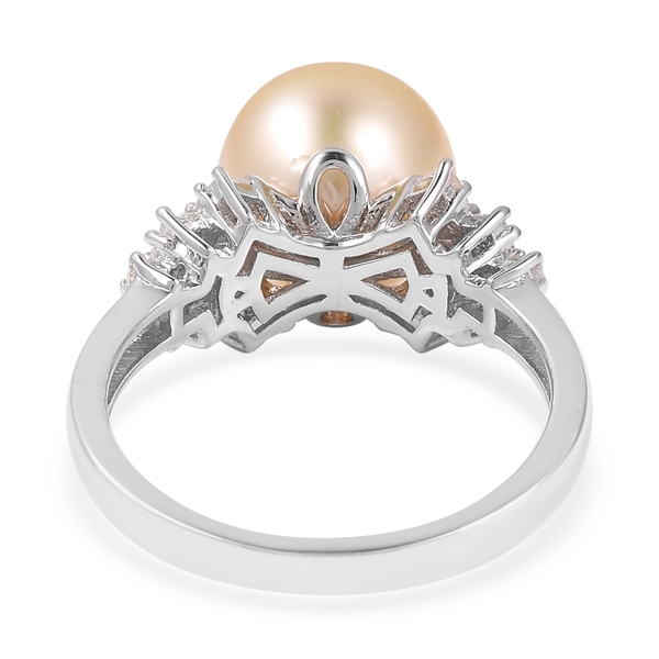 Golden South Sea Pearl (Rnd), Diamond Ring in Rhodium Overlay Sterling Silver
