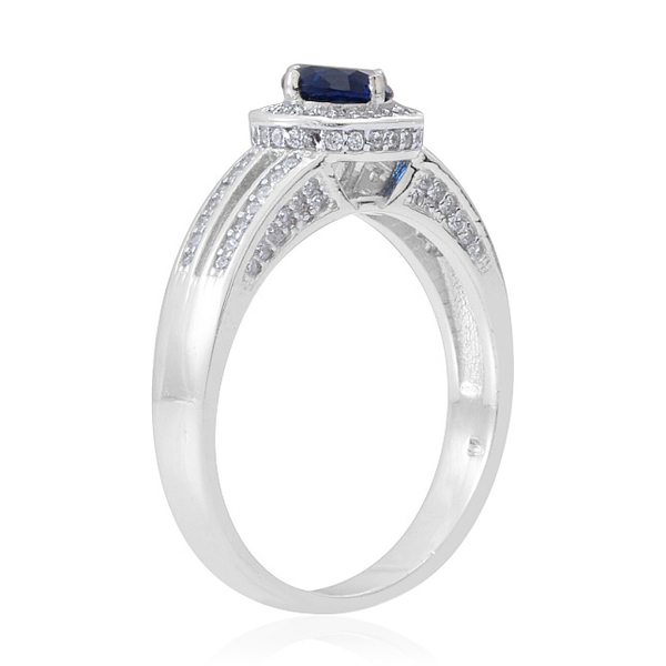 ELANZA AAA Simulated Blue Sapphire (Rnd), Simulated White Diamond Ring in Rhodium Plated Sterling Silver