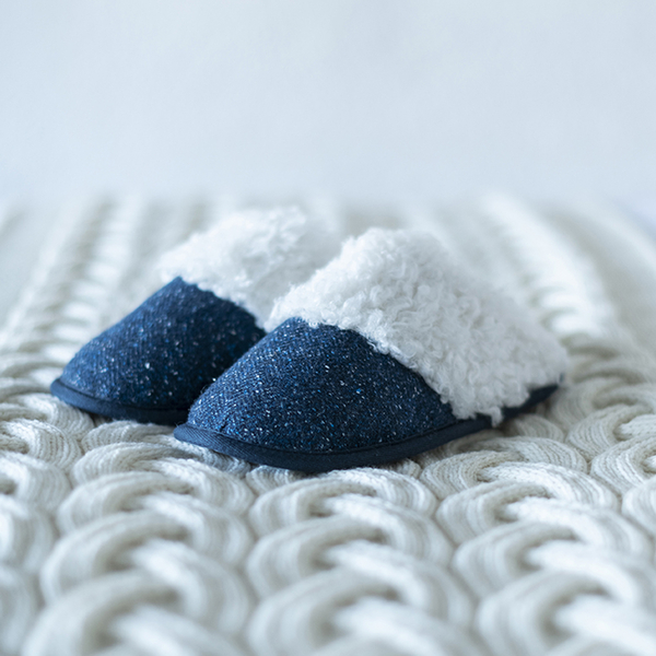 ARAN Tweed Slip-on Slippers with Fur Lining - Blue