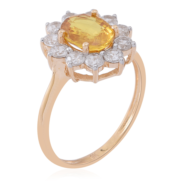One Time Deal -9K Yellow Gold AA Premium Size Chanthaburi Yellow Sapphire (Ovl 2.50 Ct), Natural White Cambodian Zircon Ring 4.000 Ct.