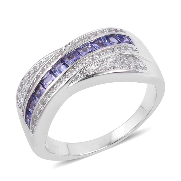 1.28 Ct Tanzanite and Zircon Criss Cross Ring in Platinum Plated Silver 6.25 Grams