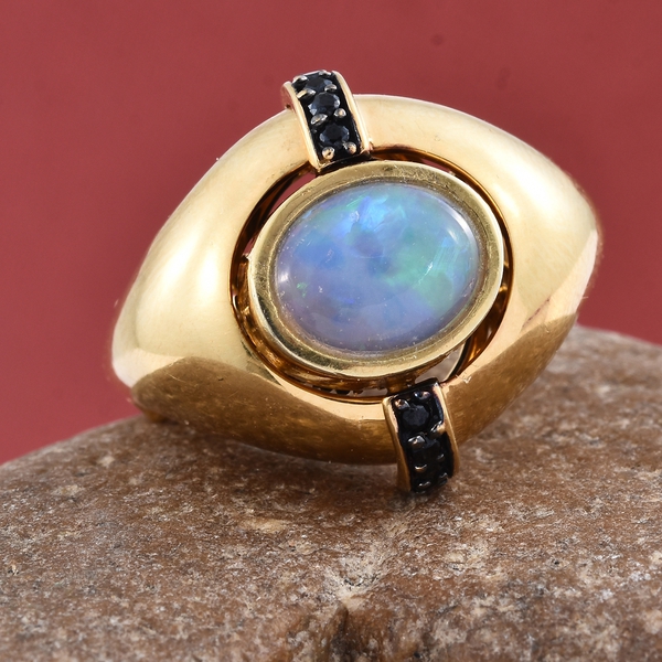 GP Ethiopian Welo Opal (Ovl 1.50 Ct), Boi Ploi Black Spinel and Kanchanaburi Blue Sapphire Ring in Black Rhodium and 14K Gold Overlay Sterling Silver 2.500 Ct.