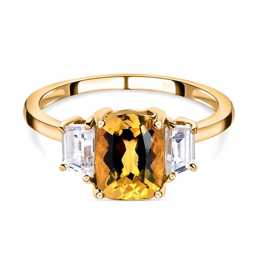 Tuscon Find - 9K Yellow Gold Heliodor and Natural Zircon 3 Stone Ring in 2.09 Ct.