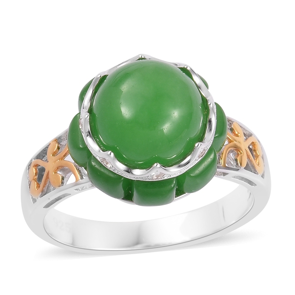Green Jade (Rnd 4.75 Ct), Natural White Cambodian Zircon Ring in Rhodium and Gold Overlay Sterling S