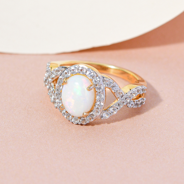 Wegeltena Ethiopian Welo Opal (Ovl 9x7mm) and Natural Cambodian Zircon Ring in 14K Gold Overlay Sterling Silver 2.08 Ct.