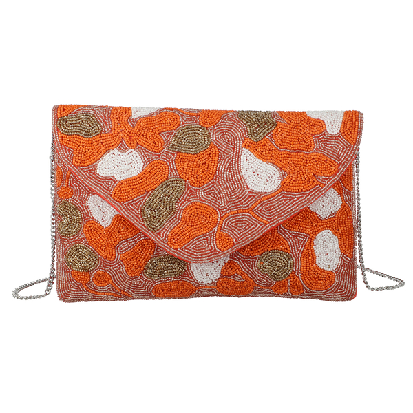 Hand embroidered Beaded Pattern Crossbody Clutch Bag with Shoulder Strap (Size 25x16 Cm) - Orange