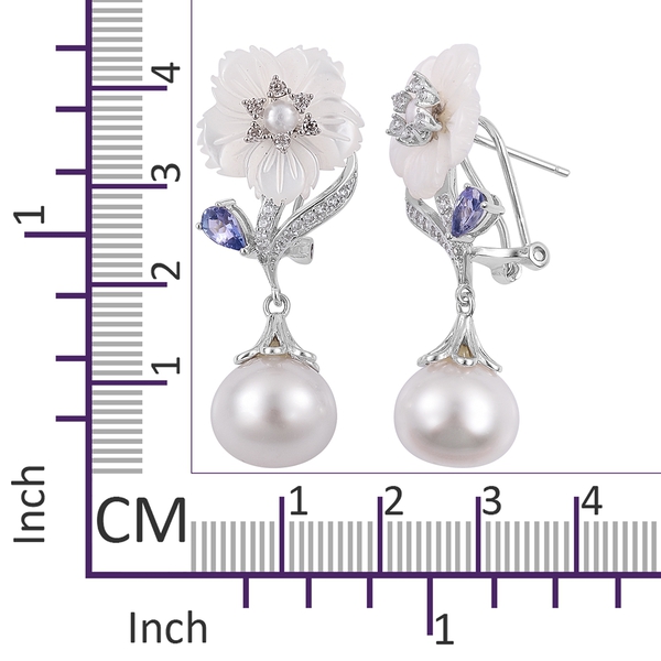 Jardin Collection- South Sea White Pearl (Rnd 11-12mm), Tanzanite, Fresh Water Pearl and Natural Cambodian Zircon Earrings (with French Clip) in Platinum Overlay Sterling Silver 27.645 Ct.