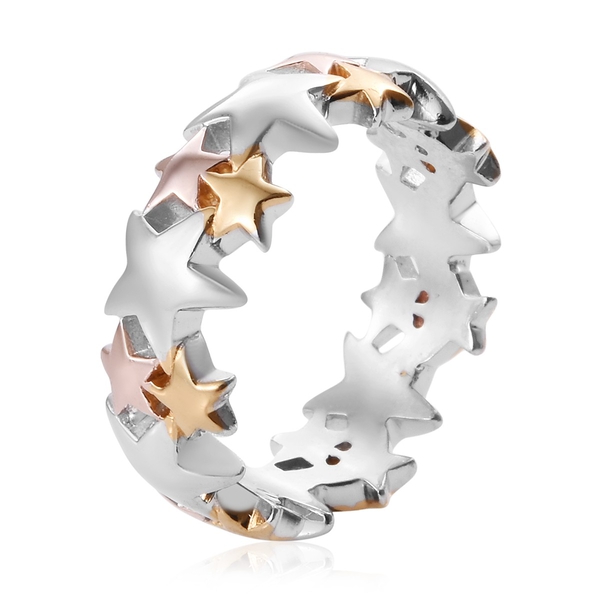 Platinum, Yellow and Rose Gold Overlay Sterling Silver Star Band Ring