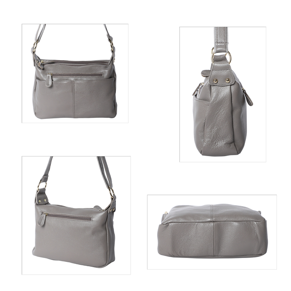 100% Genuine Leather Crossbody Bag with Multiple Pockets and Zipper Closure (Size 28x9x19 Cm) - Grey