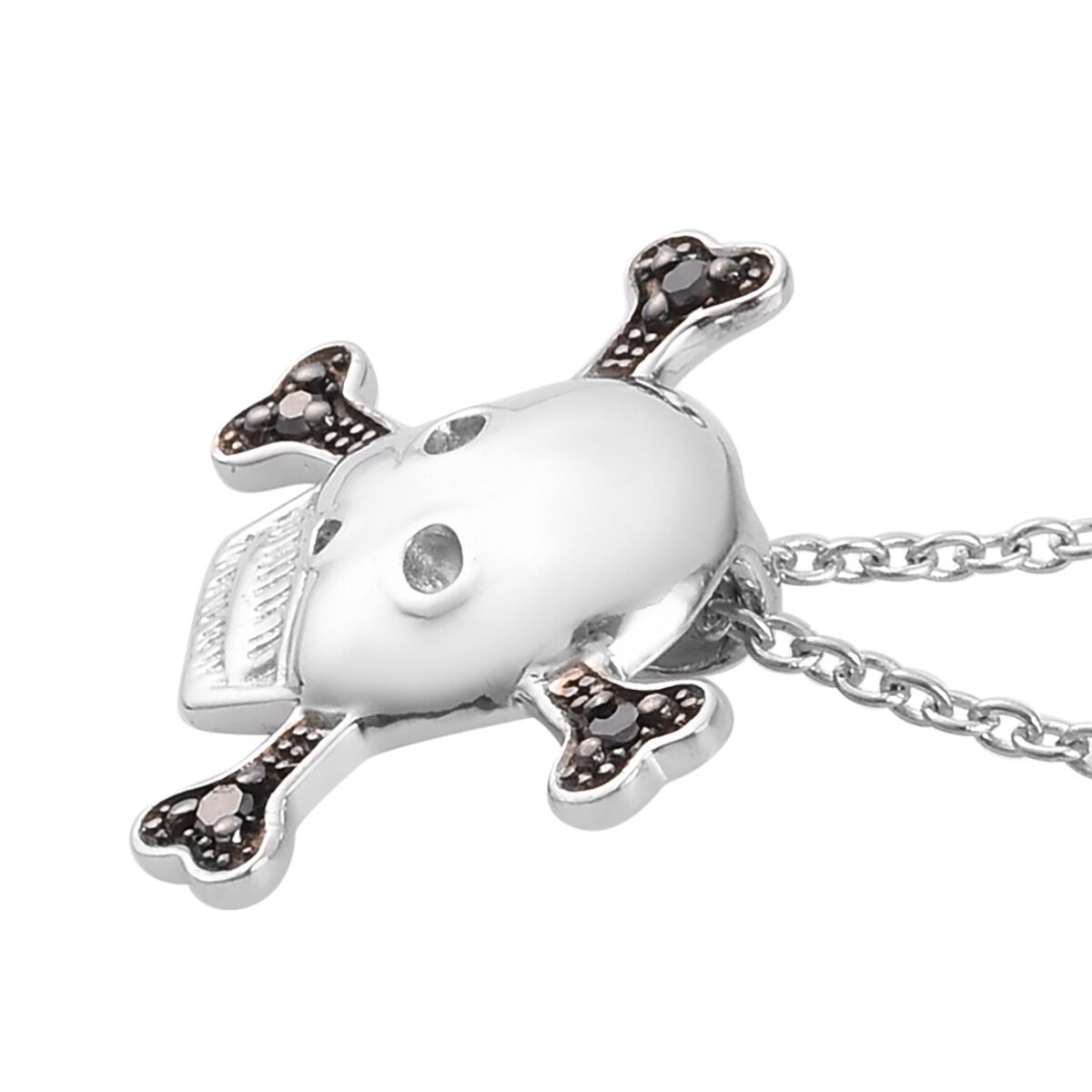 Black Diamond (Rnd) Skull Pendant with Chain (Size 18) in Platinum Overlay and Black Plating Sterling Silver 0.09 Ct.