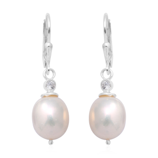 Freshwater Pearl and Simulated Diamond Lever Back Earrings in Sterling Silver