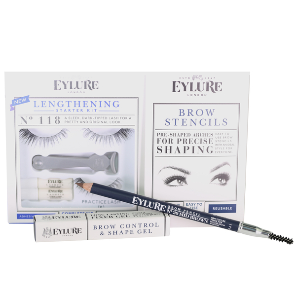 Day Eye Kit, Lengthening Lashes 118, Brow Stencils, Brow Gel, Brow Pencil Mid Brown