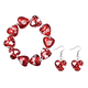 2 Piece Set - Red Murano Style Glass and Simulated Diamond Enamelled Heart Stretchable Bracelet (Siz