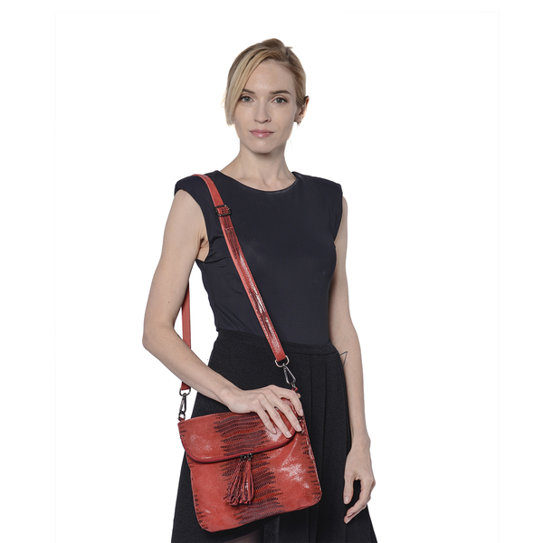 Lizard Skin Pattern 100% Genuine Leather Crossbody Bag with Detachable Shoulder Strap and Tassel (Size 28x3x24cm) - Red
