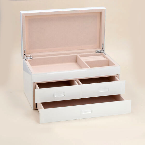 3 Layer Glass Mirrored Jewellery Box with Three Drawer and Velvet Inner Lining (Size 31x17x16cm) - White