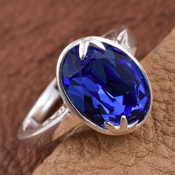 Lustro Stella  - Sapphire Colour Crystal (Ovl) Solitaire Ring in Sterling Silver