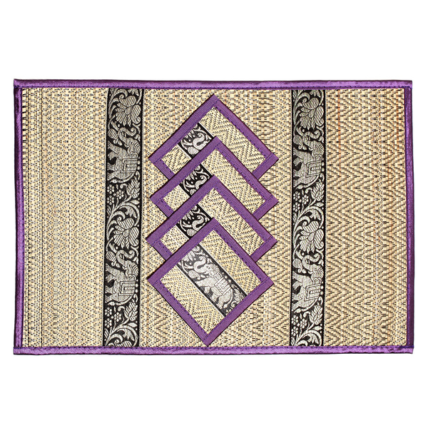 Traditional Thai Pattern Lilac Purple Bamboo Wicker Placemat (12x18) and Coaster (5x5) Set