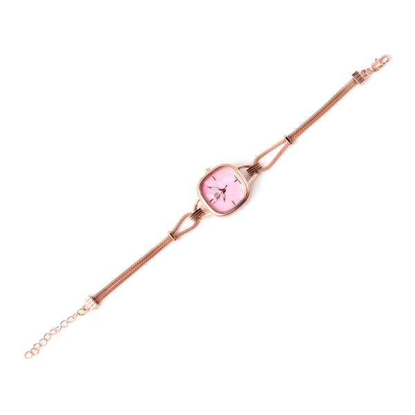 3 Piece Set - STRADA Japanese Movement Pink Dial Water Resistant Watch with Chain (Size 24), Bracelet (Size 7.5) and Butterfly Charm in Rose Gold Tone