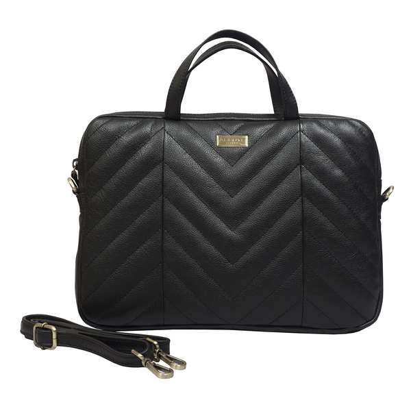 ASSOTS LONDON Maya 100% Genuine Leather Quilted Pattern Laptop Bag with Detachable Shoulder Strap (Size 34x25x3 Cm) - Black