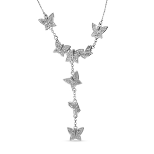 Diamond Butterfly Lariat Necklace (Size - 18 with 2 inch Extender) in Platinum Overlay Sterling Silv