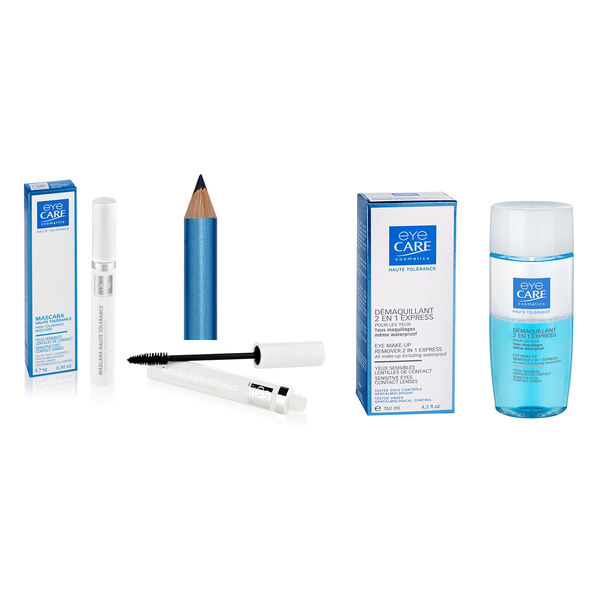 Eyecare Cosmetics- High tolerance macara blue, eyeliner pencil blue, 2 in 1 express eye makeup remov