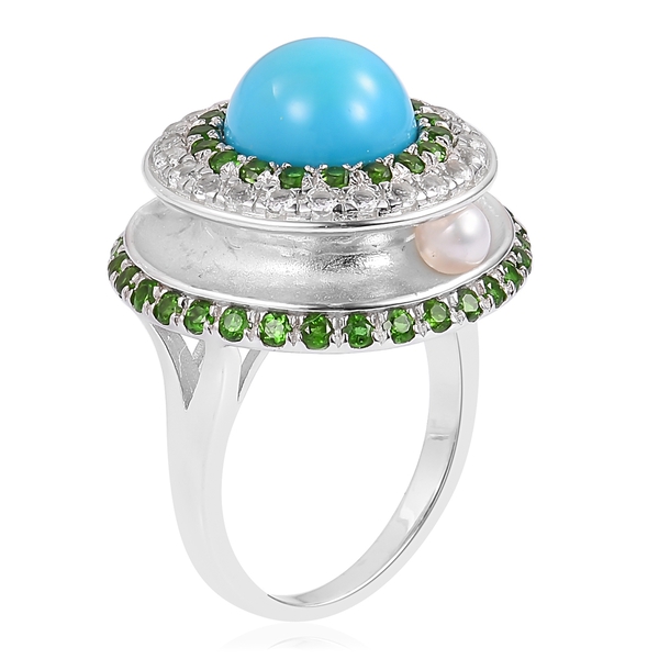 Arizona Sleeping Beauty Turquoise (Rnd), Freshwater Pearl, White Topaz and Hebei Peridot Ring in Rhodium Plated Sterling Silver 7.910 Ct. Silver wt 6.50 Gms.
