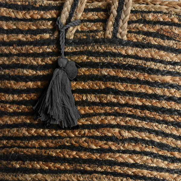 100% Handmade Jute Collection Black and Neutral Colour Stripes Pattern Bag with Tassel (Size 45x37x31x23 Cm)