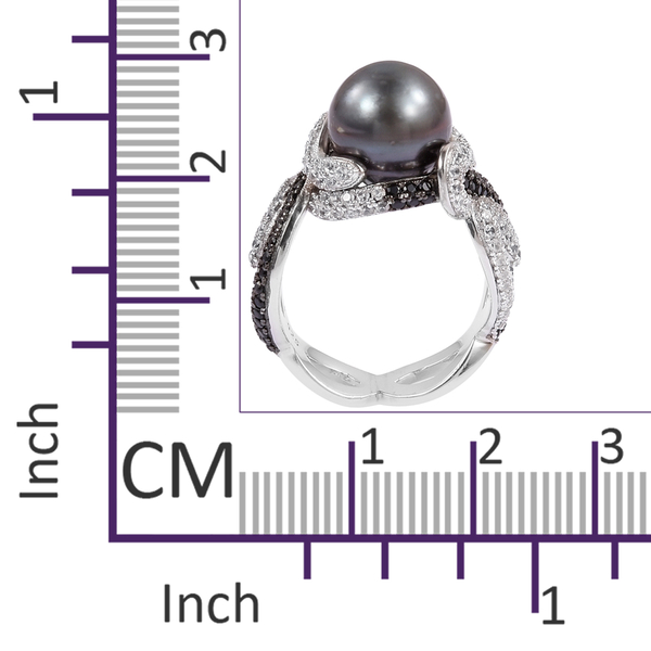 Tahitian Pearl, Natural White Cambodian Zircon and Boi Ploi Black Spinel Ring in Black Rhodium Plated Sterling Silver, Silver wt 5.74 Gms.
