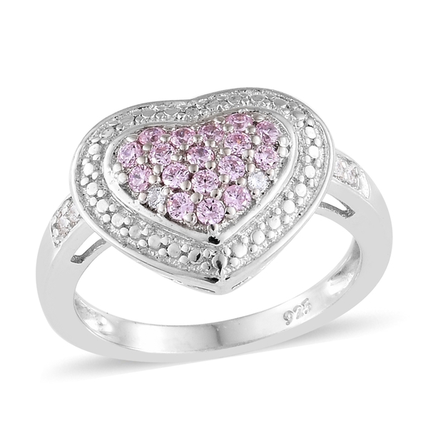 J Francis - Platinum Overlay Sterling Silver (Rnd) Heart Ring Made with Pink and White  ZIRCONIA