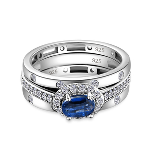 Set of 3 - Kashmir Kyanite and Natural Cambodian Zircon Ring in Platinum Overlay Sterling Silver 1.4