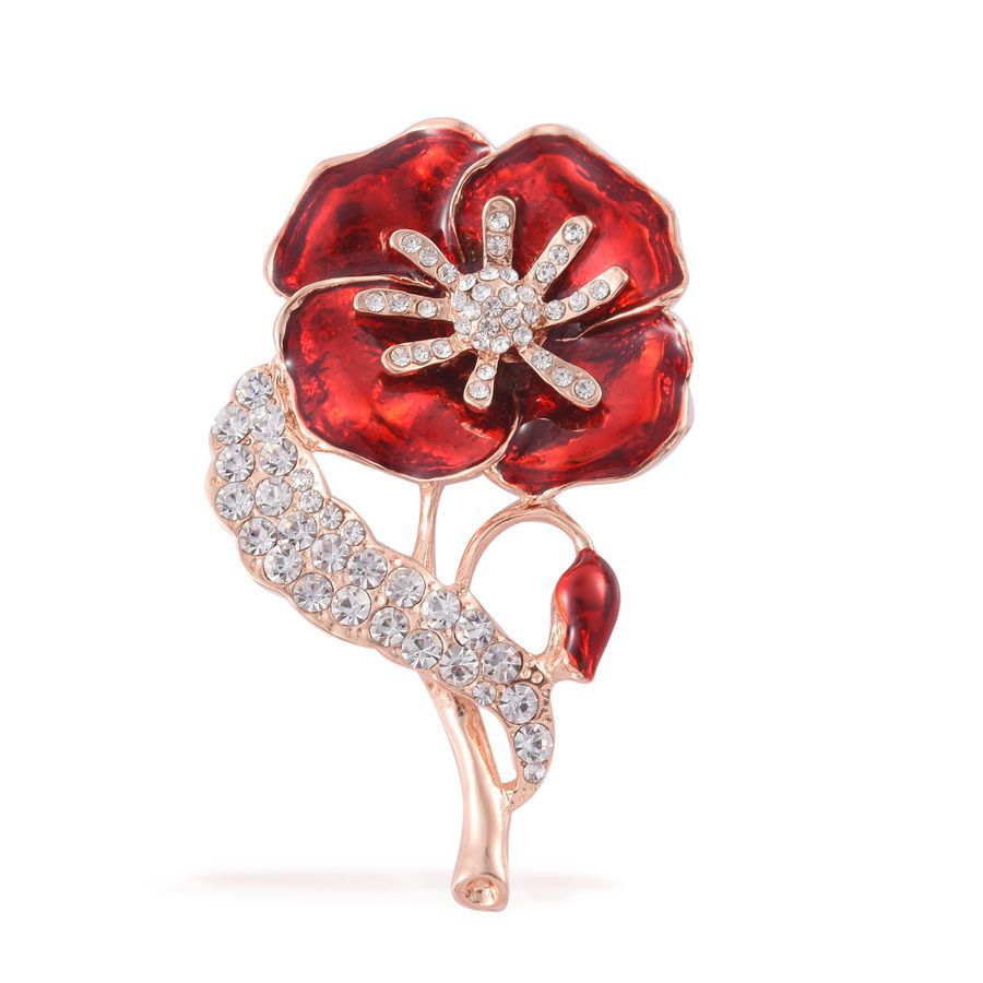 (Option-1) White Austrian Crystal Red Enemeled Floral Brooch in Rose Gold Tone