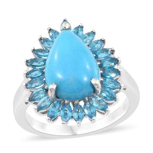 Arizona Sleeping Beauty Turquoise (Pear 4.65 Ct), Malgache Neon Apatite Ring in Platinum Overlay Ste