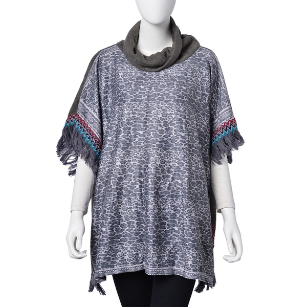 Grey, Red and Multi Colour Leopard Pattern Turtle Neck Poncho with Tassels (Free Size)