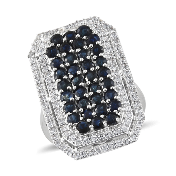 4.50 Ct Blue Sapphire and Zircon Cluster Ring in Platinum Plated Sterling Silver 6.16 Grams